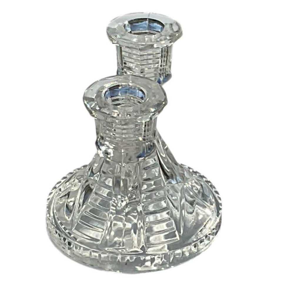 Vtg Cut Glass Double Candle Holder Pair Crystal Candlestick Pressed Glass MCM - Picture 6 of 14